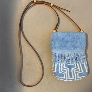 Tory Burch Light Blue Fringe Terry Cloth Crossbody Bag with Tan Leather Strap